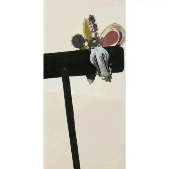 Vintage Earrings Huge Faceted Rhinestones Clip On Metal Leaves 1960s - Picture 10 of 14